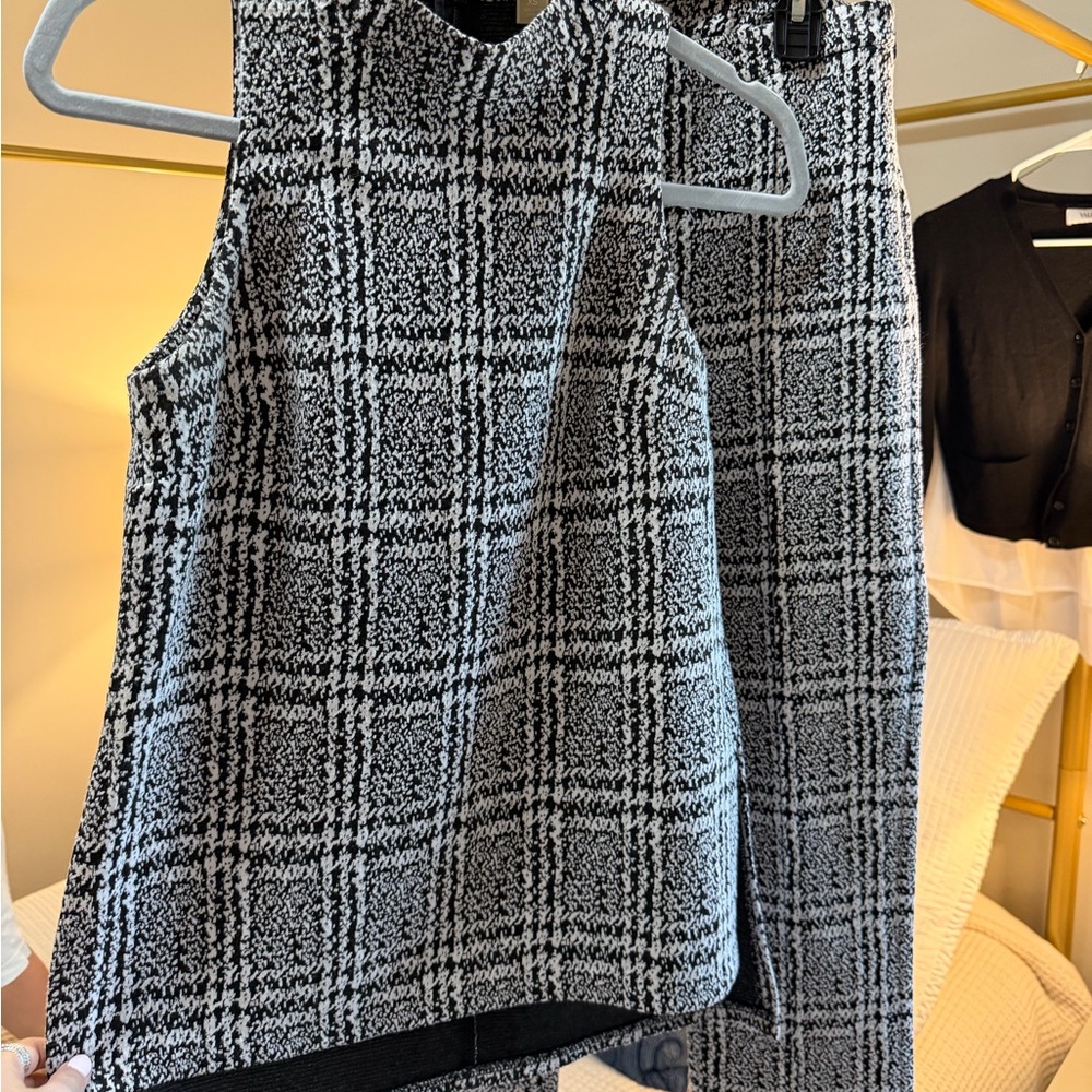 Michael Kors Black and White Plaid Knit Sleeveless Top